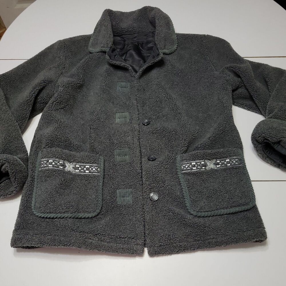 Outbrook Coat Women M Fleece Jacket Grey long Sleeve Button Patch Pockets Collar